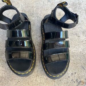 Dr. Martens Black Patent Womens Fisherman Sandals with Yellow Stitching